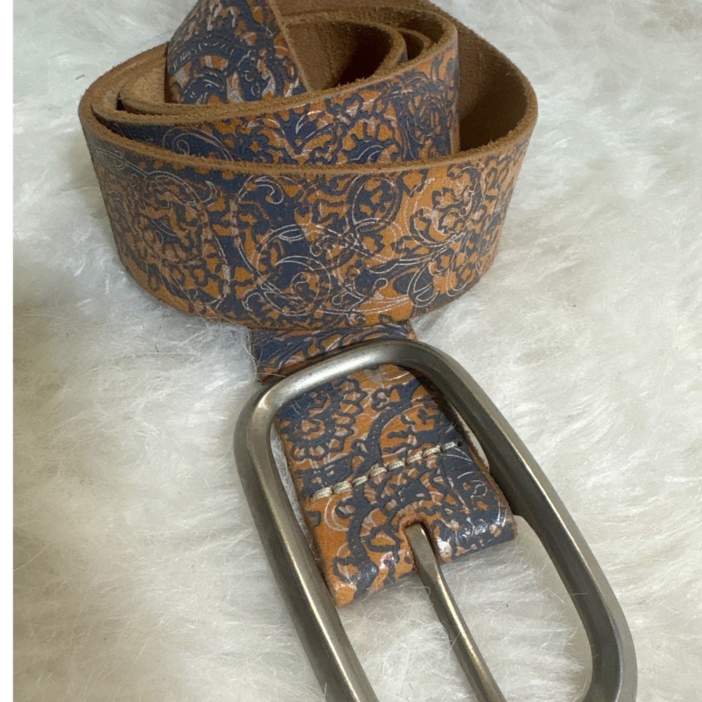 Quality Leather Belt Women XL Paisley Filigree Tan Blue Silver Made in USA EX